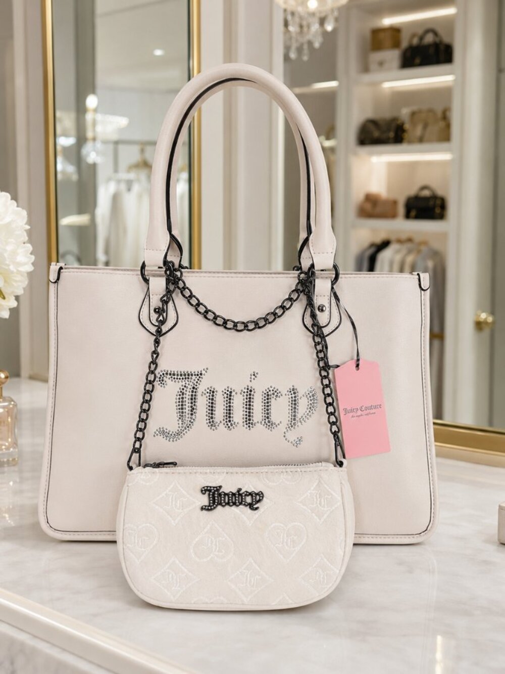 Juicy Couture Cream Rhinestone Tote with Velvet Mini Pouch NWT